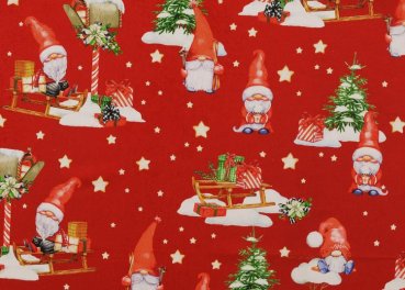 Weihnachtswichtel rot Weihnachtsstoff aus Baumwolle Webware mit Wichteln und Geschenken